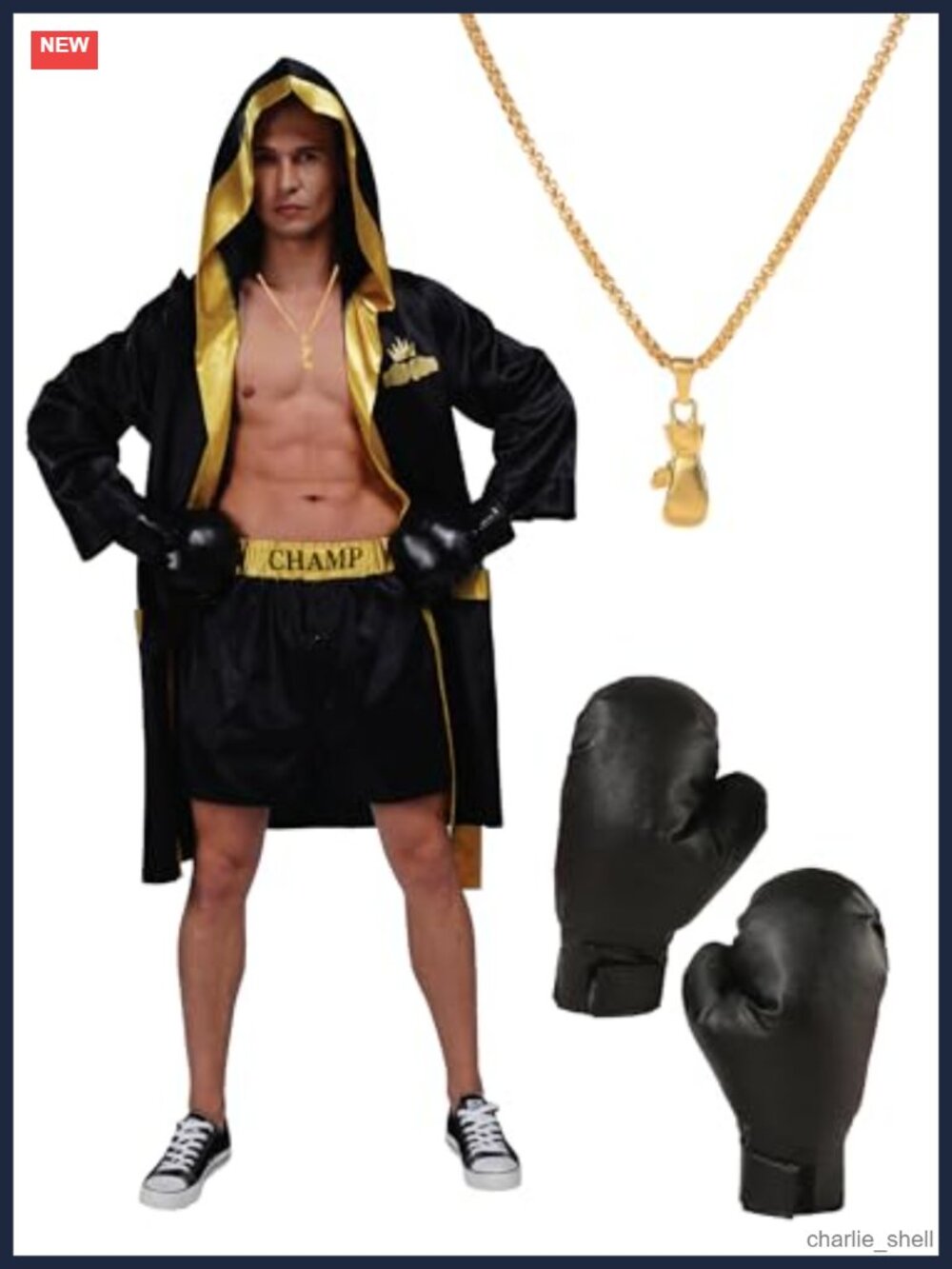 Men's Boxing Costume Set Hooded Robe Shorts Gloves Chain Satin